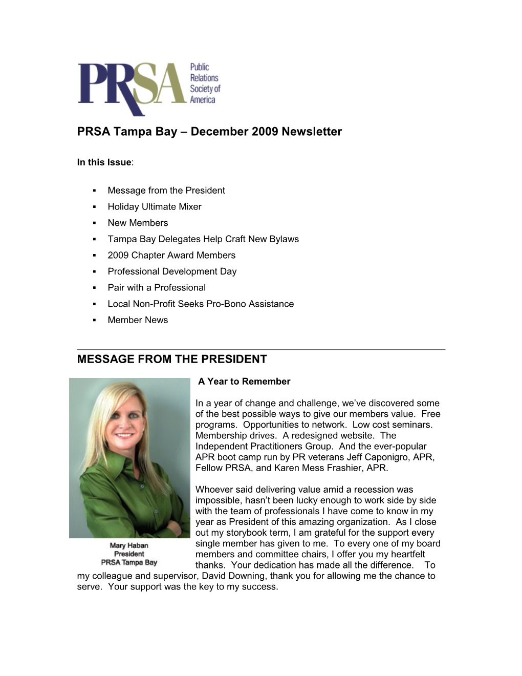 December 2009 Newsletter