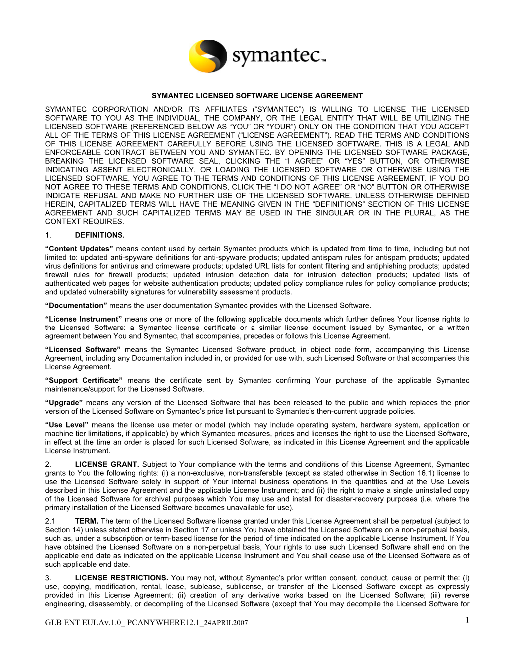 Pcanywhere 12.1 Consumer License Agreement