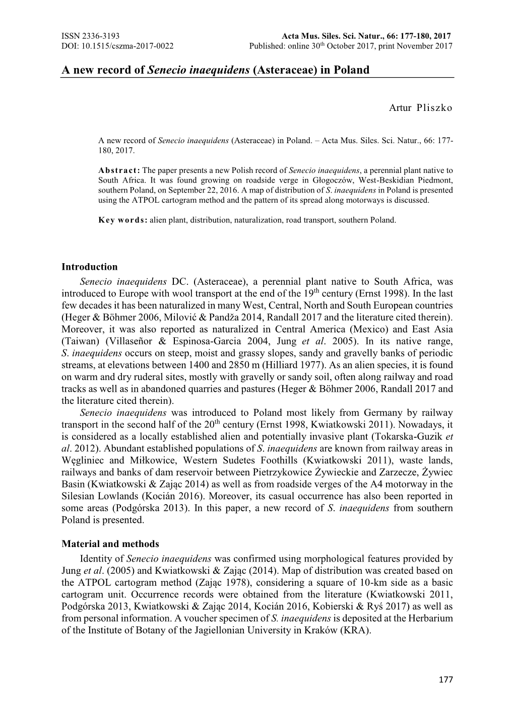 A New Record of Senecio Inaequidens (Asteraceae) in Poland