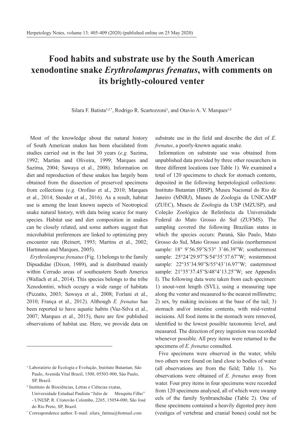 Food Habits and Substrate Use by the South American Xenodontine Snake Erythrolamprus Frenatus, with Comments on Its Brightly-Coloured Venter