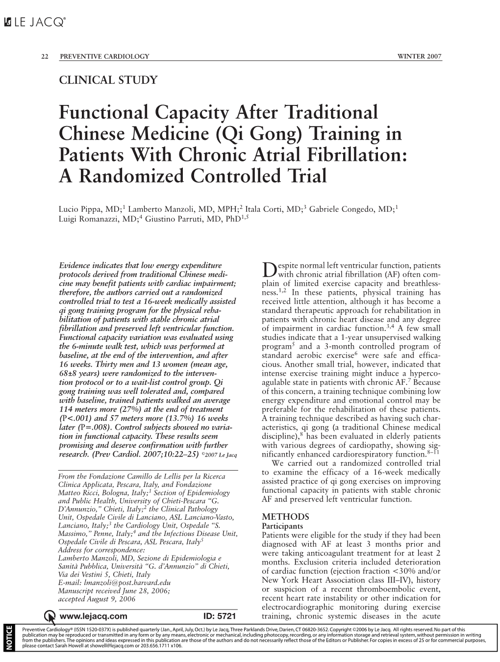 (Qi Gong) Training in Patients with Chronic Atrial Fibrillation: a Randomized Controlled Trial