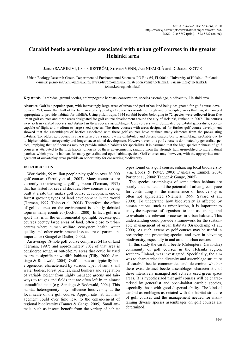 Carabid Beetle Assemblages Associated with Urban Golf Courses in the Greater Helsinki Area