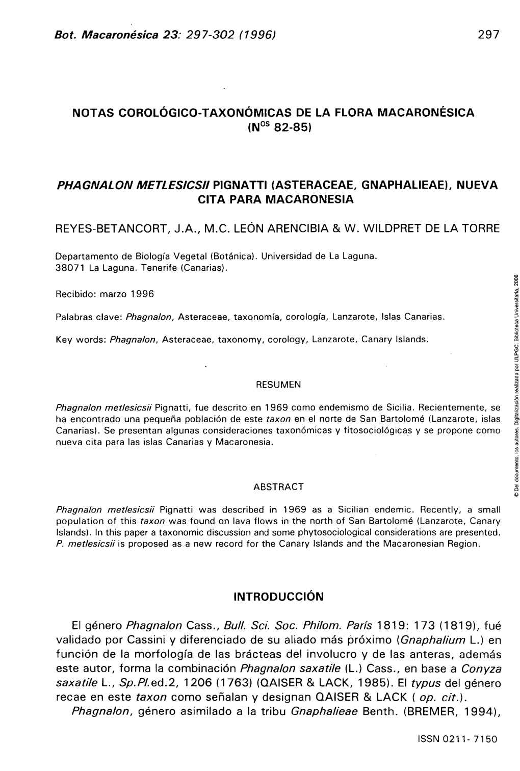 Phagnalon Metlesicii Pignatti (Asteraceae, Gnaphalieae), Nueva Cita Para Macaronesia