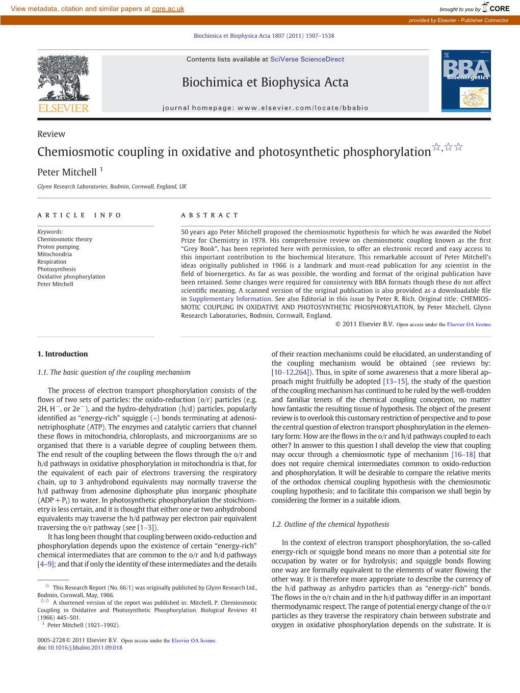 Chemiosmotic Coupling in Oxidative and Photosynthetic Phosphorylation☆,☆☆