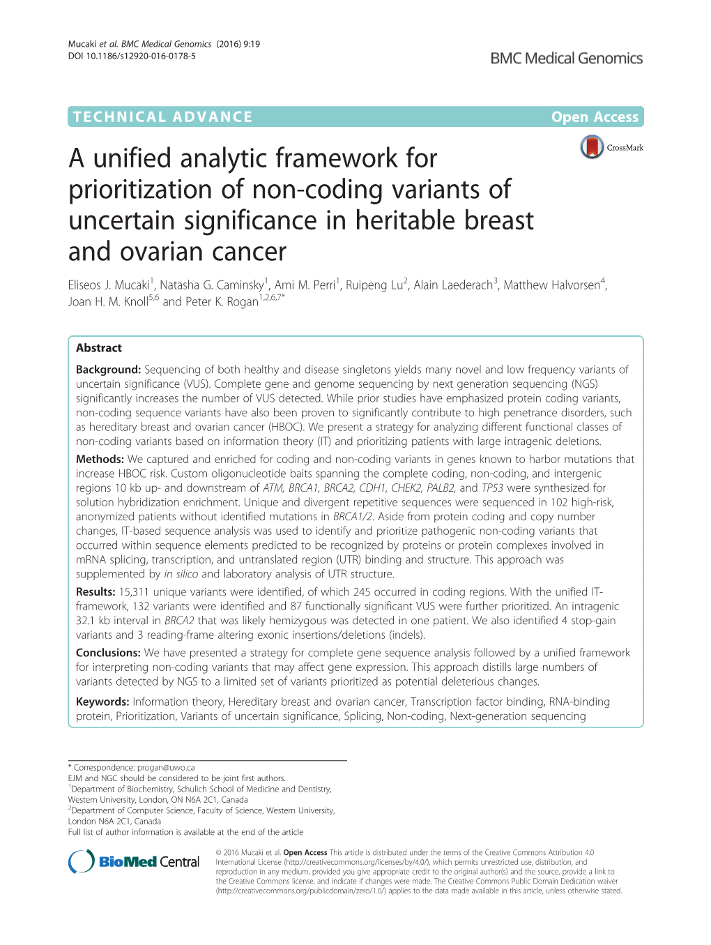 A Unified Analytic Framework for Prioritization of Non-Coding Variants of Uncertain Significance in Heritable Breast and Ovarian Cancer Eliseos J