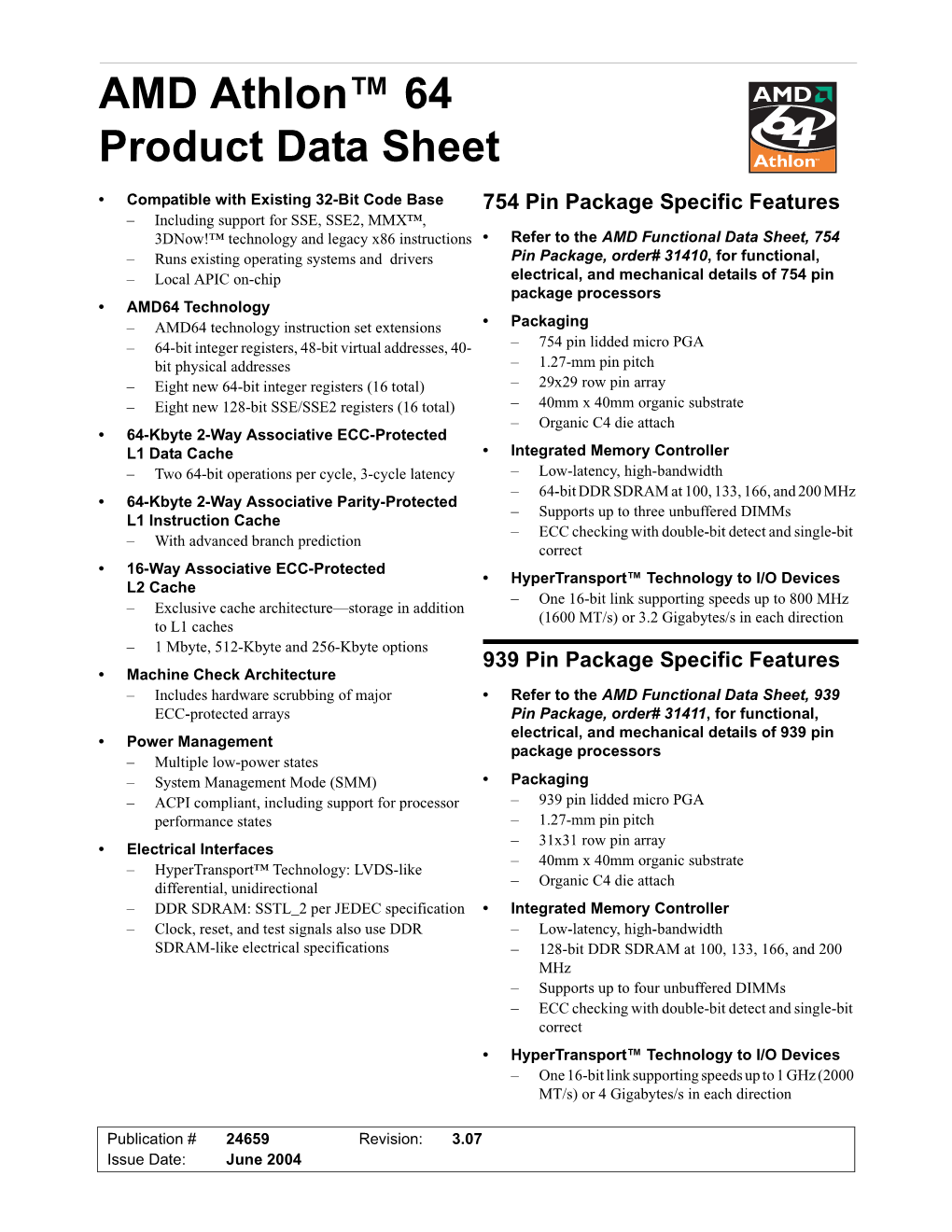 AMD Athlon 64 Product Data Sheet