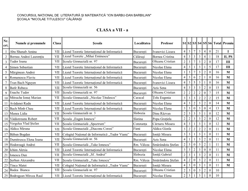 CLASA a VII - A