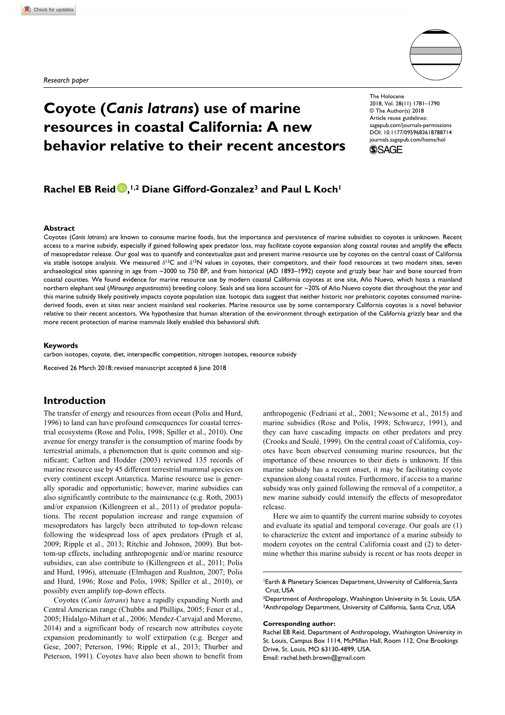 Coyote (Canis Latrans) Use of Marine Resources in Coastal California: a New Behavior Relative to Their Recent Ancestors