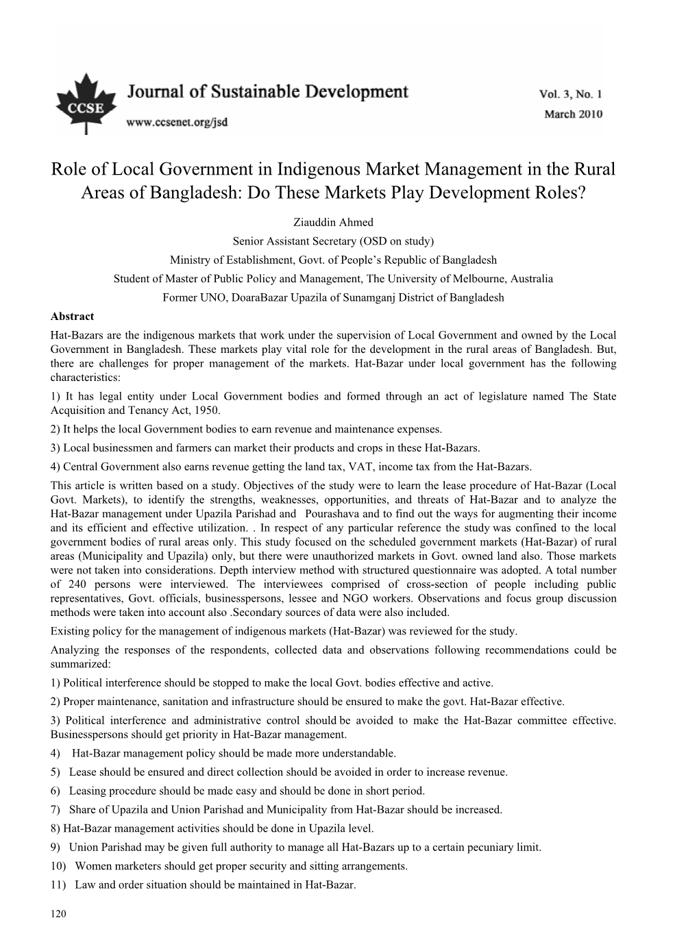 Role of Local Government in Indigenous Market Management in the Rural Areas of Bangladesh: Do These Markets Play Development Roles?