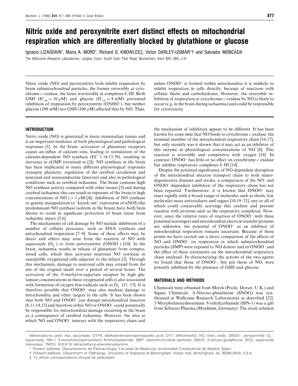 Nitric Oxide and Peroxynitrite Exert Distinct Effects on Mitochondrial