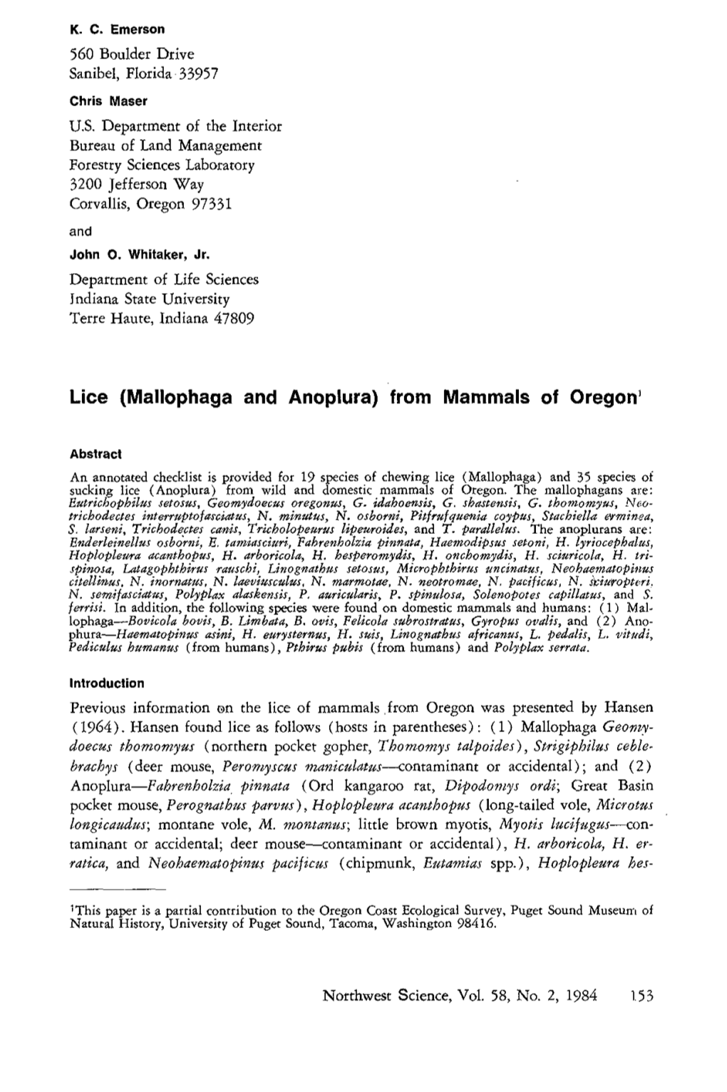 Lice (Mallophaga and Anoplura) from Mammals of Oregon1