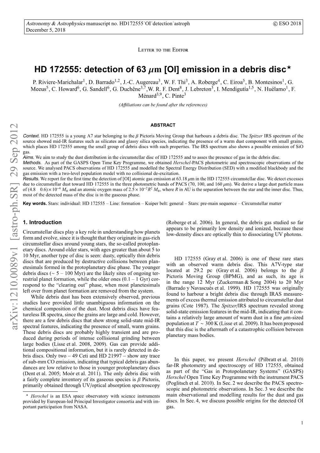 HD 172555: Detection of 63 Microns [OI] Emission in a Debris Disc