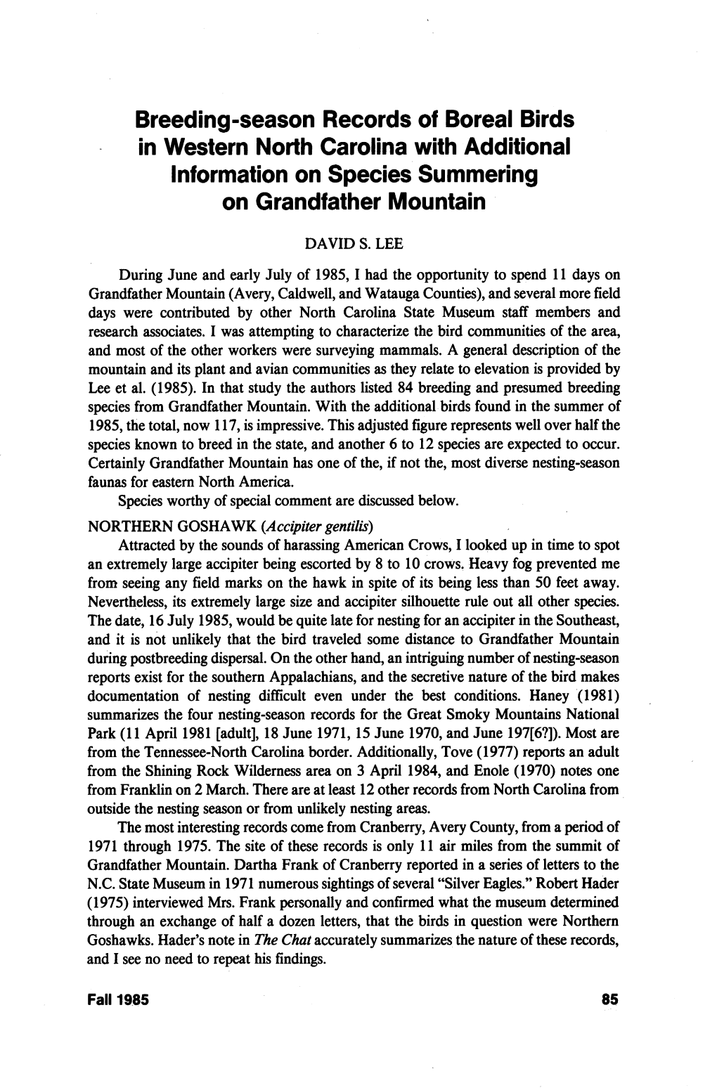 Breeding-Season Records of Boreal Birds in Western North Carolina with Additional Information on Species Summering on Grandfathe