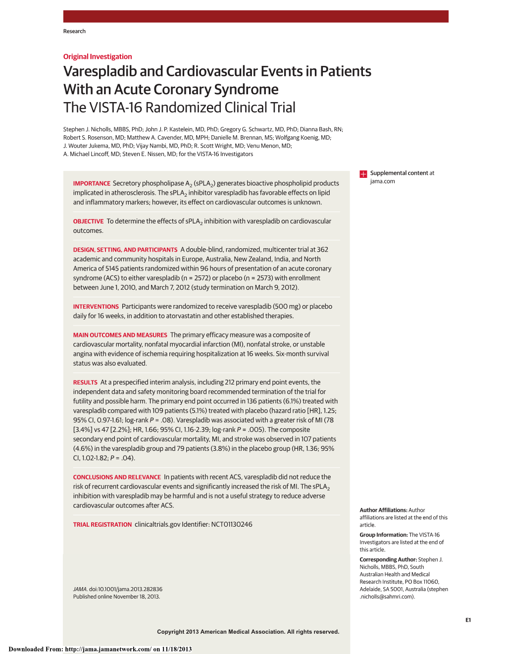Varespladib and Cardiovascular Events in Patients with an Acute Coronary Syndrome the VISTA-16 Randomized Clinical Trial