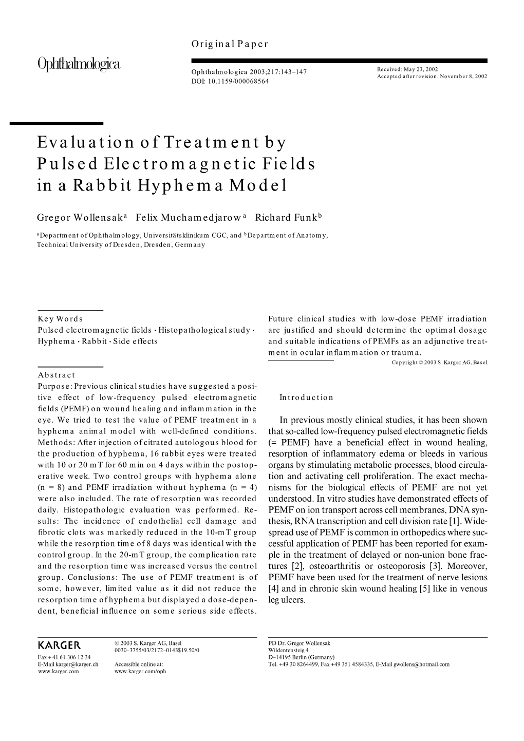 Evaluation of Treatment by Pulsed Electromagnetic Fields in a Rabbit Hyphema Model