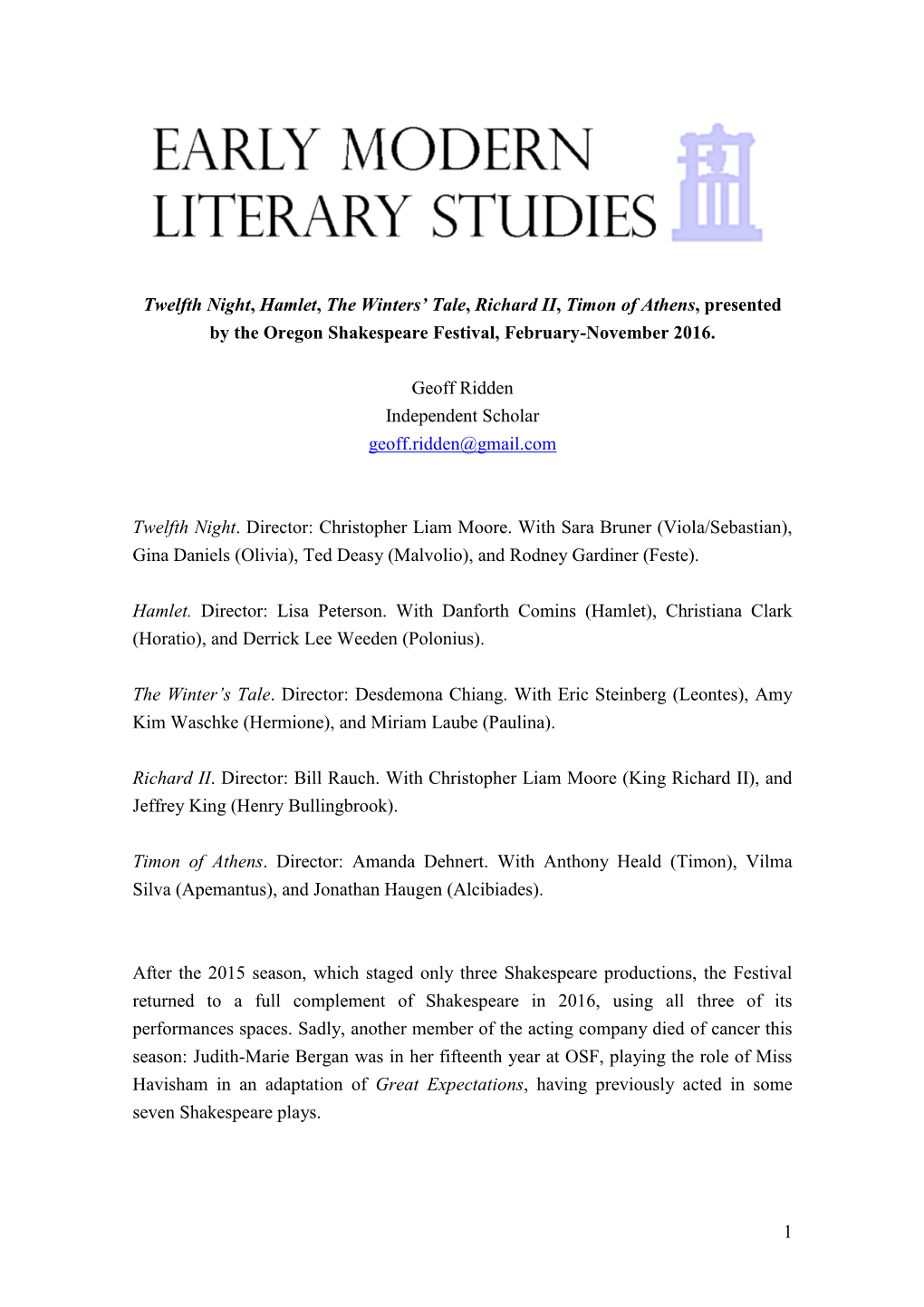 1 Twelfth Night, Hamlet, the Winters' Tale, Richard II, Timon of Athens, Presented by the Oregon Shakespeare Festival, Februar