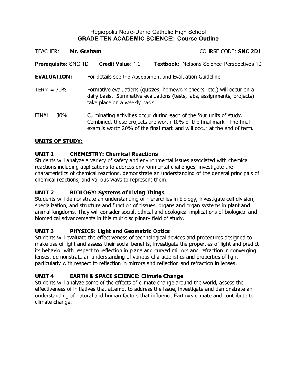 GRADE TEN ACADEMIC SCIENCE: Course Outline