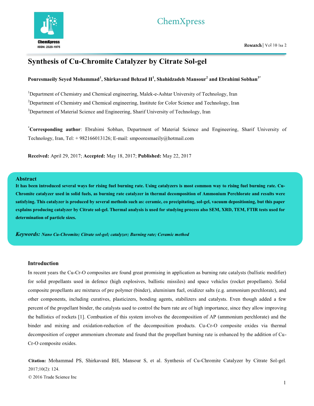 Synthesis of Cu-Chromite Catalyzer by Citrate Sol-Gel