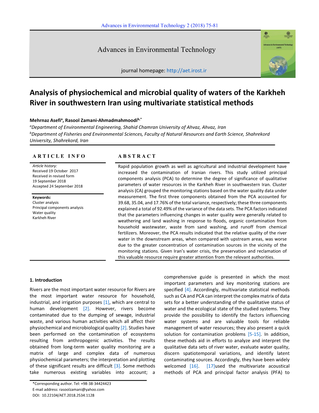 Analysis of Physiochemical and Microbial Quality of Waters of the Karkheh River in Southwestern Iran Using Multivariate Statistical Methods