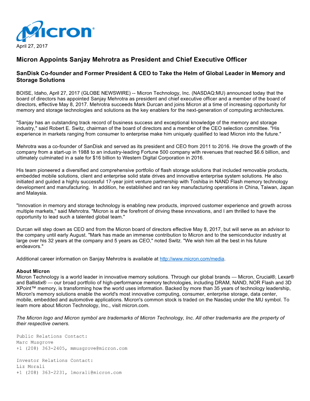 Micron Appoints Sanjay Mehrotra As President and Chief Executive Officer