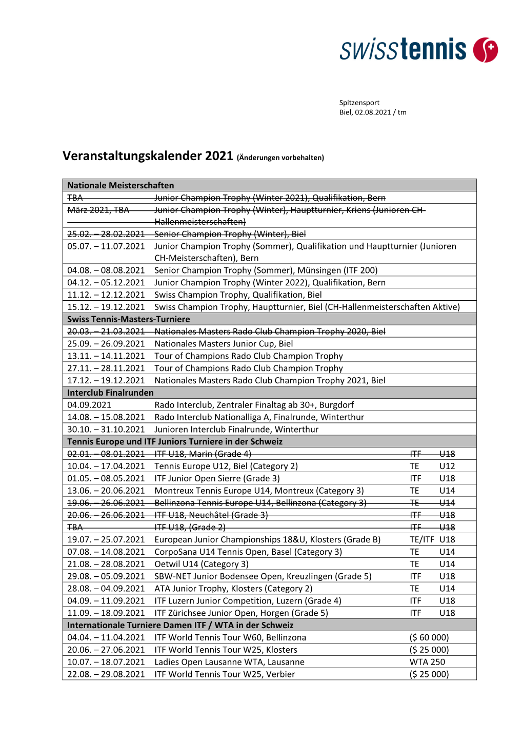 Veranstaltungskalender 2021 (Änderungen Vorbehalten)