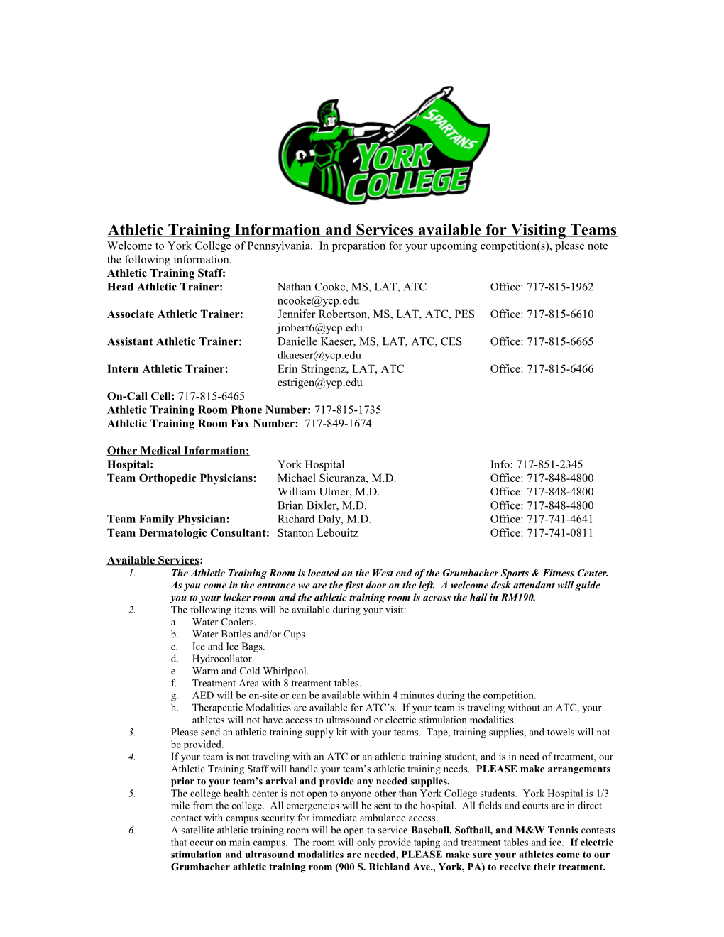 Athletic Training Information and Services Available for Visiting Teams