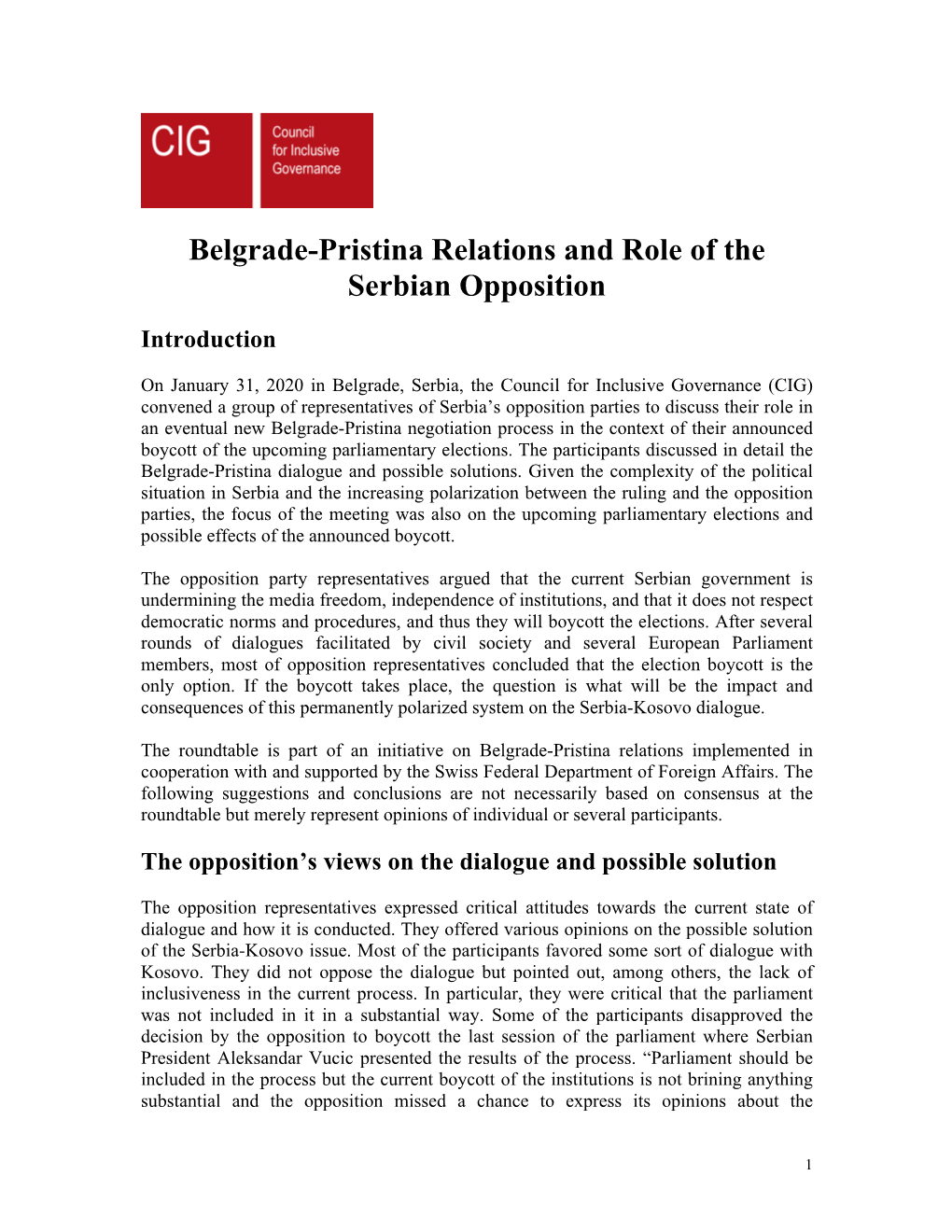 Belgrade-Pristina Relations and Role of the Serbian Opposition