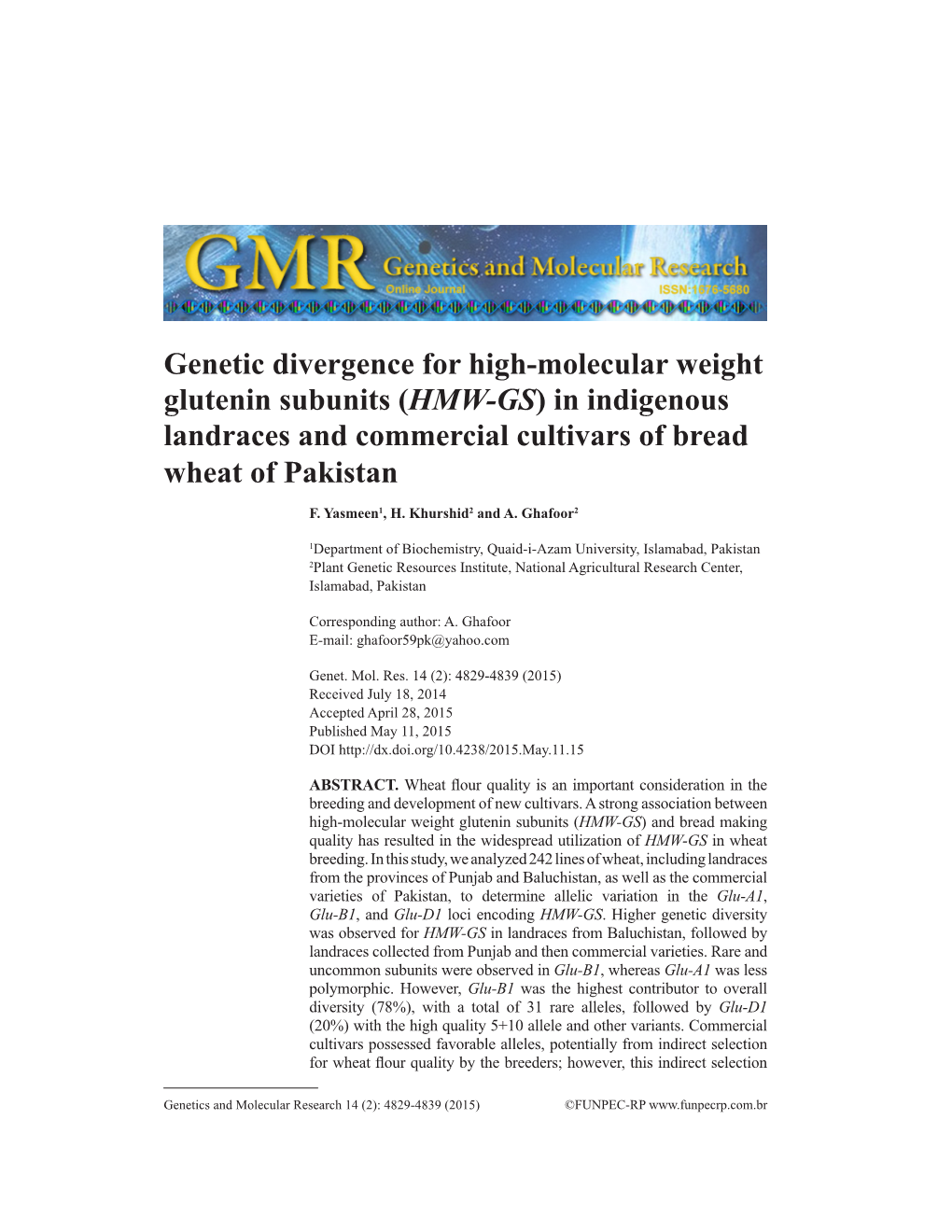 Genetic Divergence for High-Molecular Weight Glutenin Subunits (HMW-GS) in Indigenous Landraces and Commercial Cultivars of Bread Wheat of Pakistan