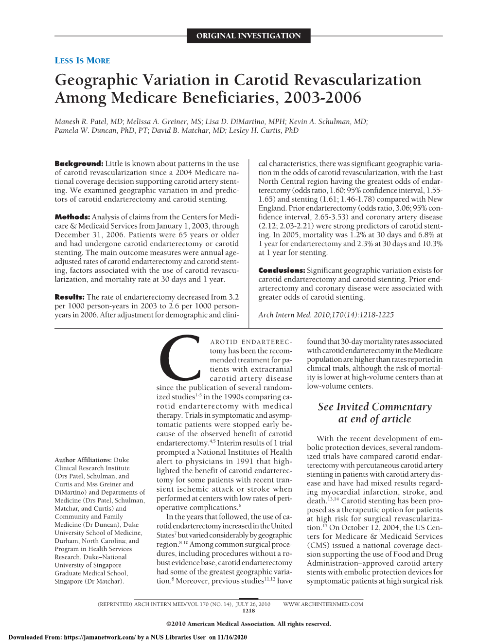 Geographic Variation in Carotid Revascularization Among Medicare Beneficiaries, 2003-2006