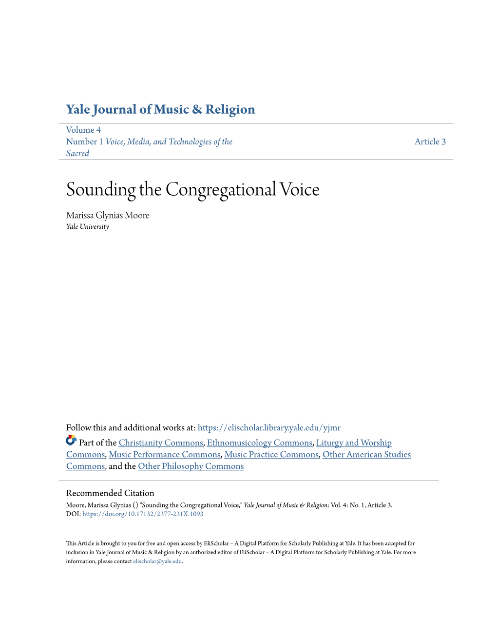 Sounding the Congregational Voice Marissa Glynias Moore Yale University