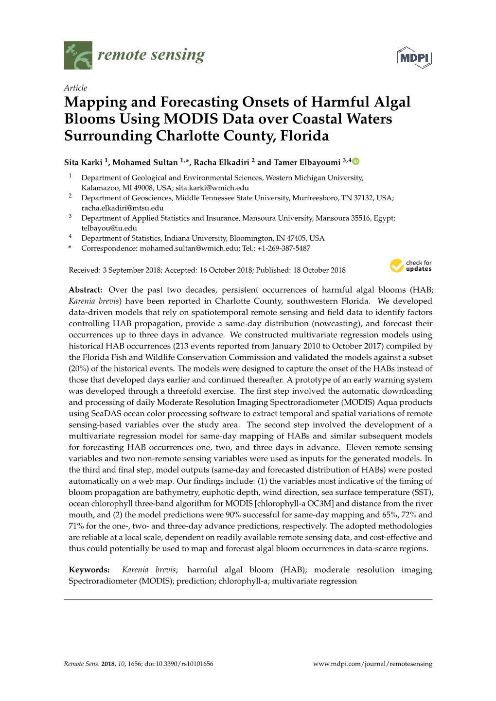 Mapping and Forecasting Onsets of Harmful Algal Blooms Using MODIS Data Over Coastal Waters Surrounding Charlotte County, Florida