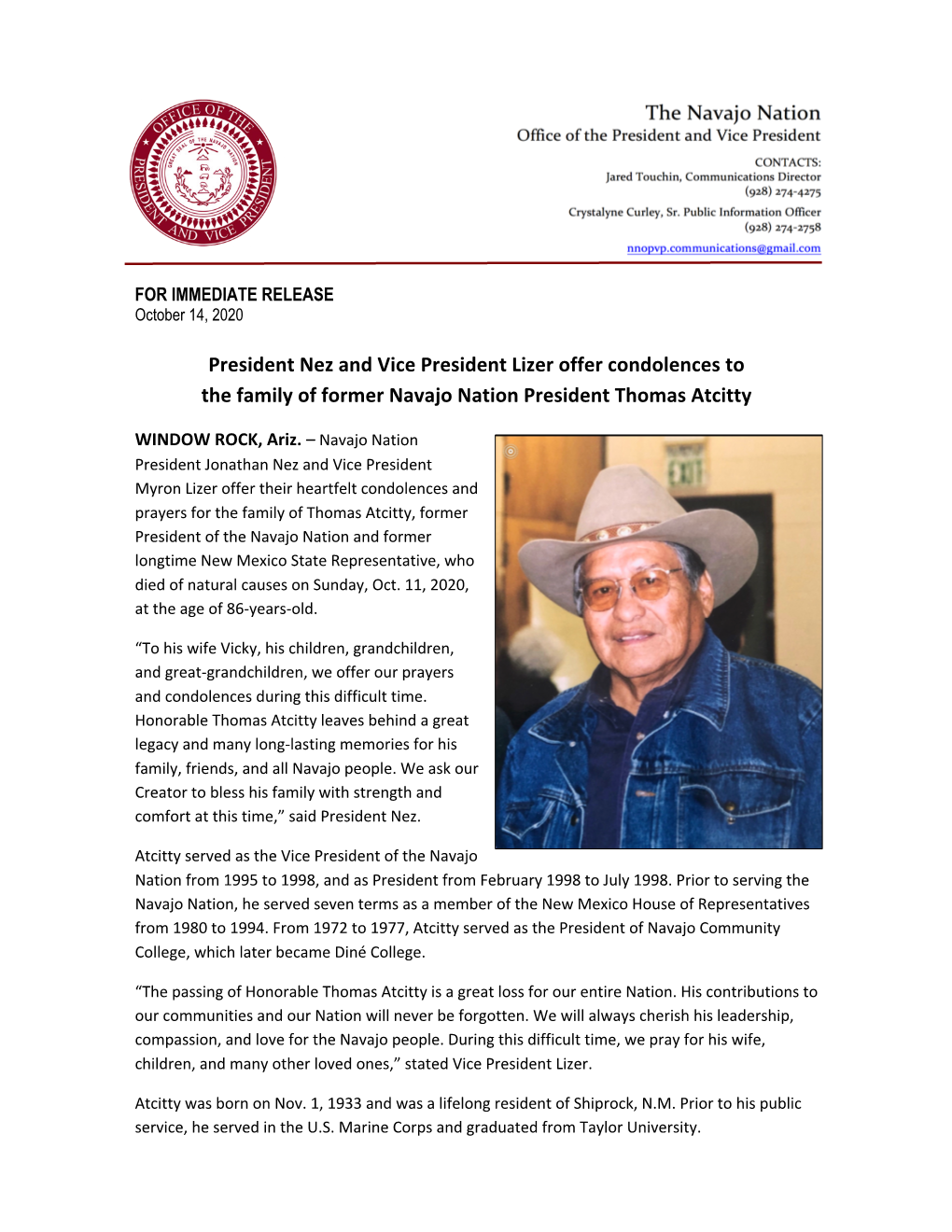 President Nez and Vice President Lizer Offer Condolences to the Family of Former Navajo Nation President Thomas Atcitty