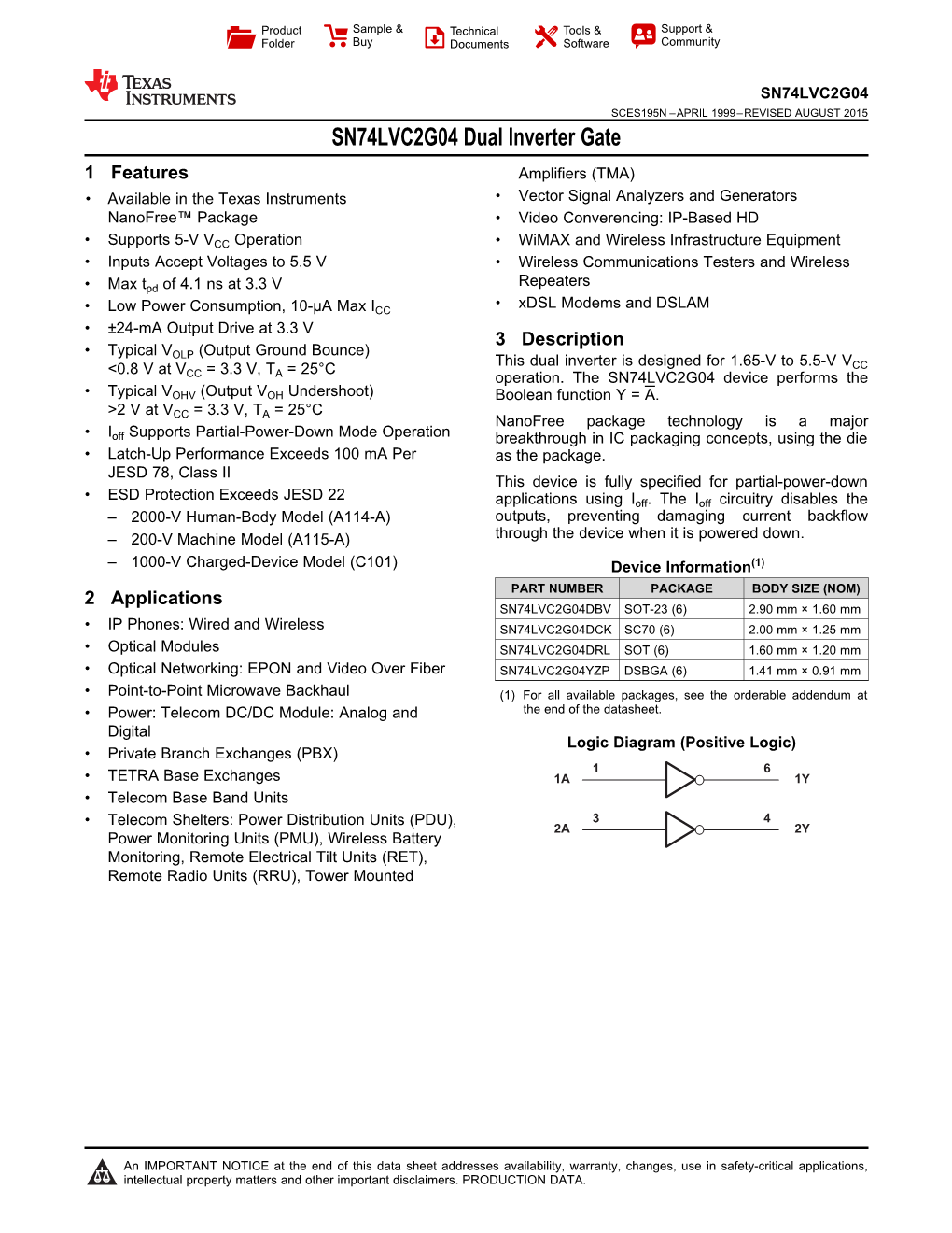 SN74LVC2G04 Dual Inverter Gate Datasheet