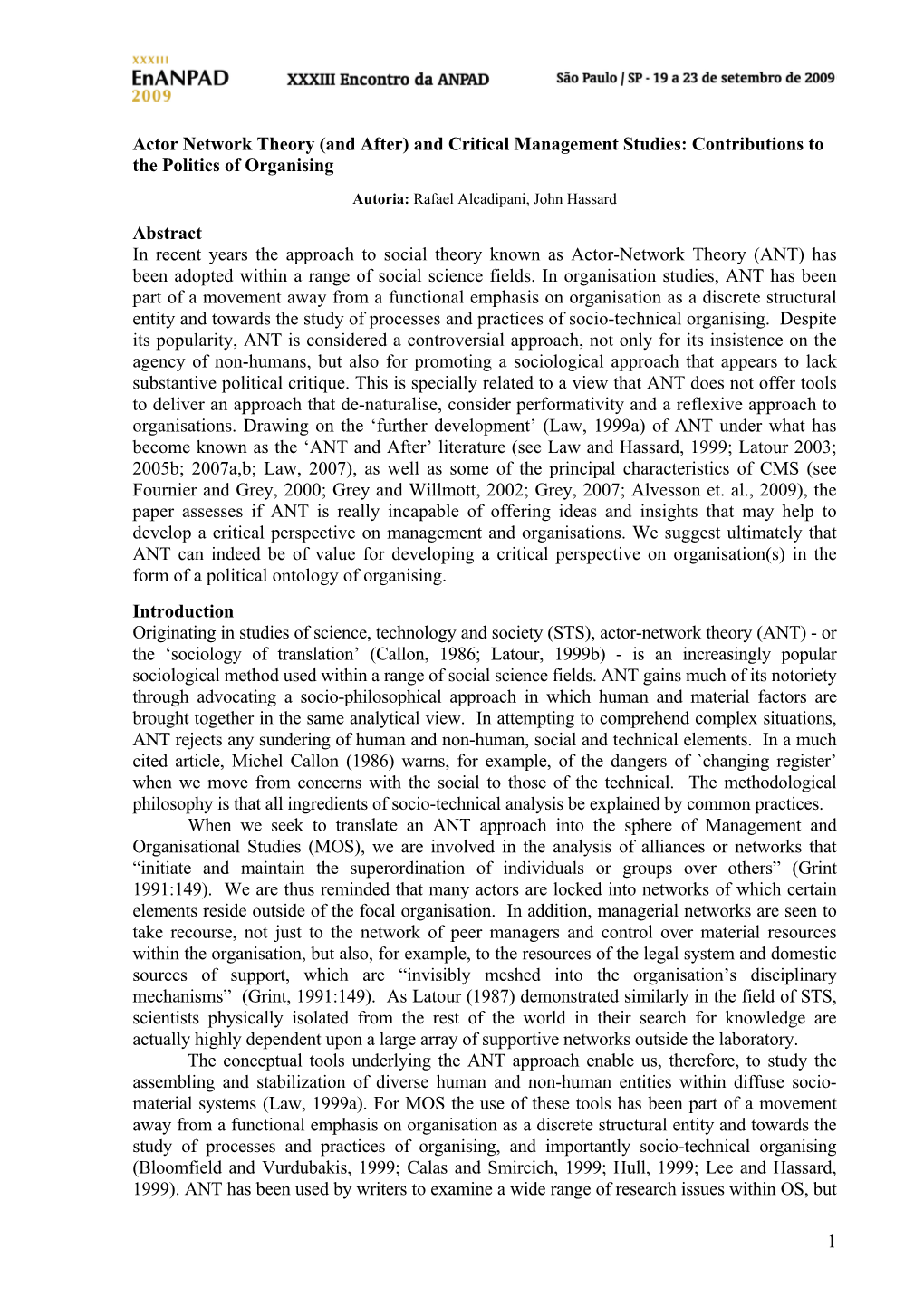 1 Actor Network Theory (And After) and Critical Management Studies