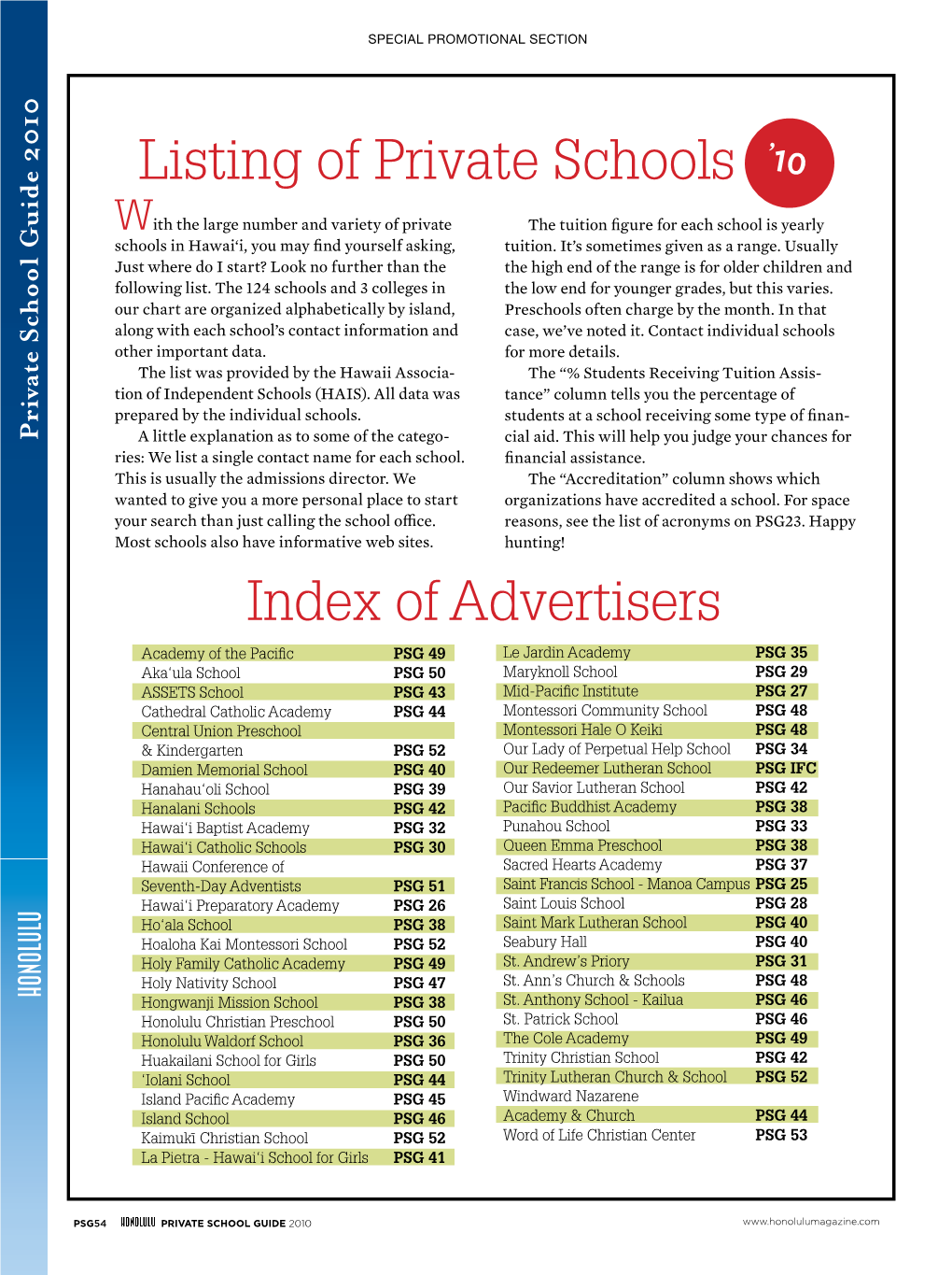 Listing of Private Schools Index of Advertisers