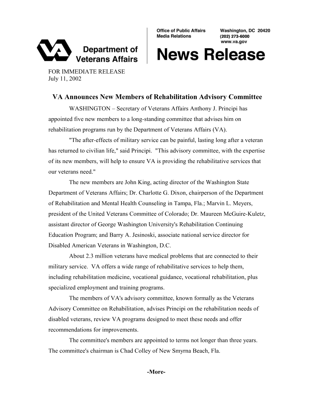 VA Announces New Members of Rehabilitation Advisory Committee