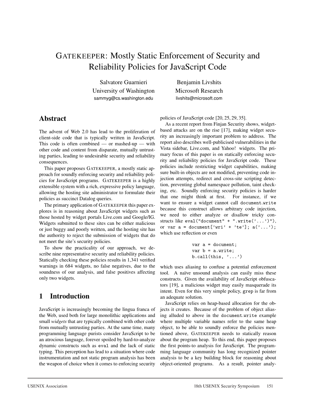 GATEKEEPER: Mostly Static Enforcement of Security and Reliability Policies for Javascript Code