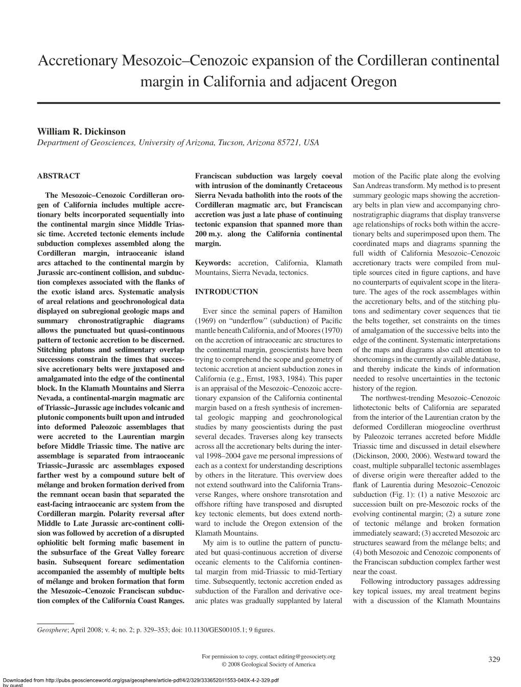 Accretionary Mesozoic–Cenozoic Expansion of the Cordilleran Continental Margin in California and Adjacent Oregon