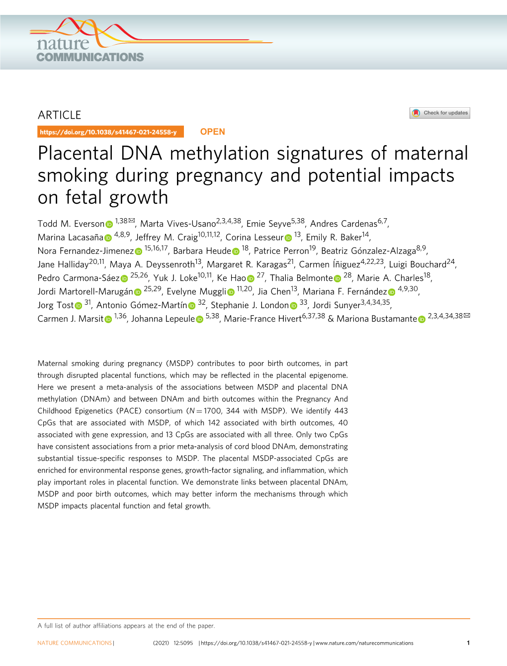 Placental DNA Methylation Signatures of Maternal Smoking During Pregnancy and Potential Impacts on Fetal Growth ✉ Todd M