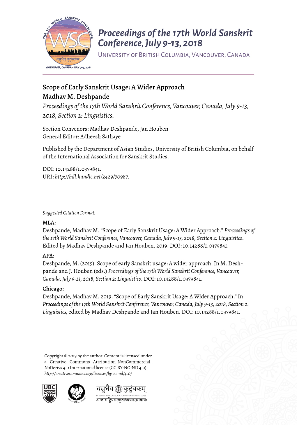 Deshpande Proceedings of the 17Th World Sanskrit Conference, Vancouver, Canada, July 9-13, 2018, Section 2: Linguistics