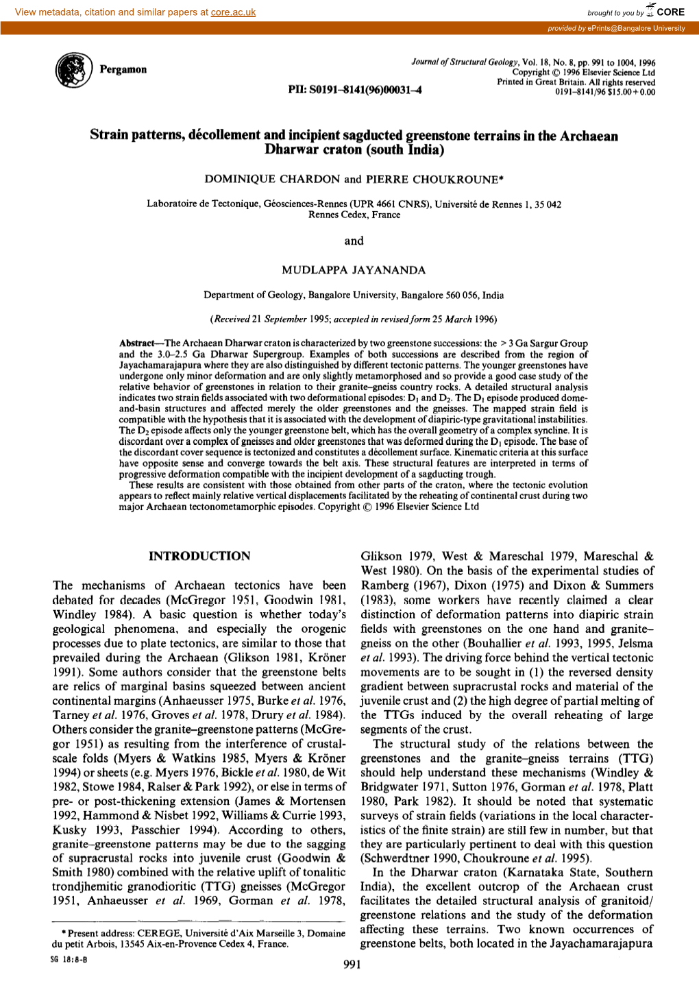 Strain Patterns, Dkollement and Incipient Sagducted Greenstone Terrains in the Archaean Dharwar Craton (South India)