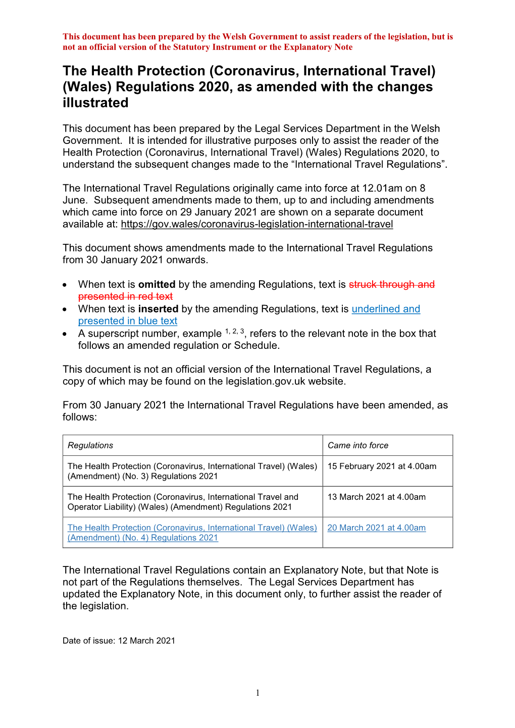The Health Protection (Coronavirus, International Travel) (Wales) Regulations 2020, As Amended with the Changes Illustrated