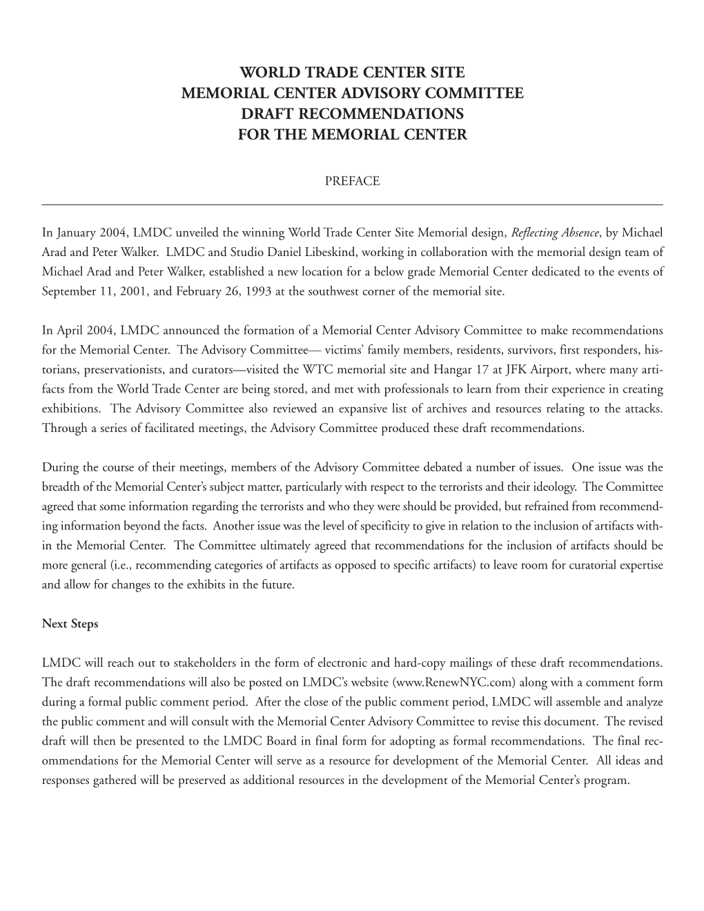 World Trade Center Site Memorial Center Advisory Committee Draft Recommendations for the Memorial Center