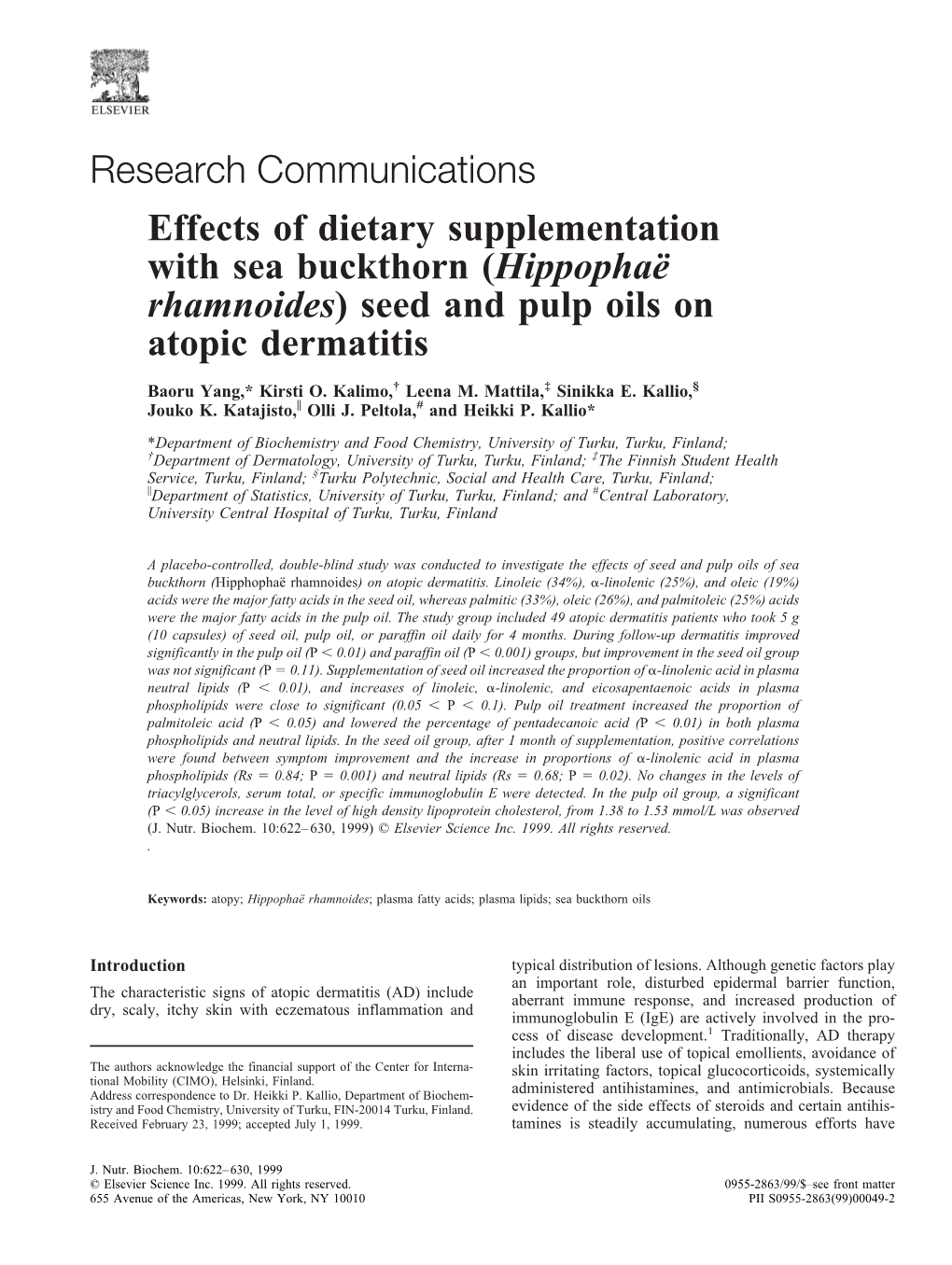 Research Communications Effects of Dietary Supplementation with Sea Buckthorn (Hippophaë Rhamnoides) Seed and Pulp Oils on Atop