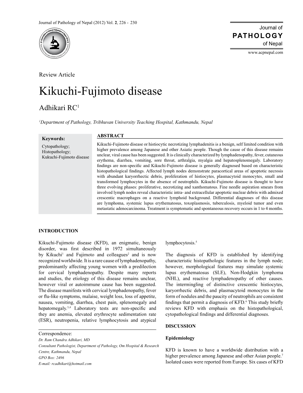 Kikuchi-Fujimoto Disease Adhikari RC1