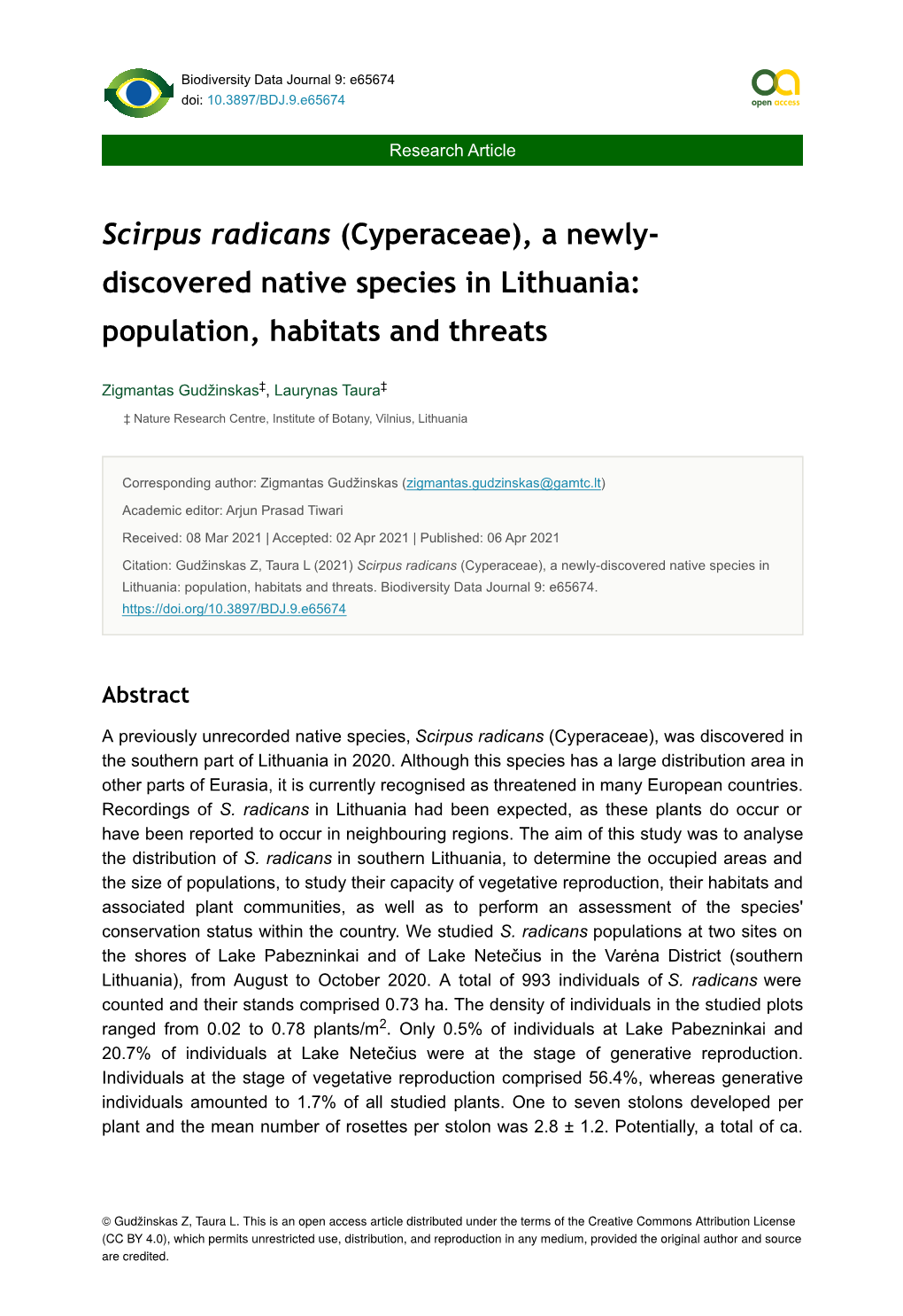 Scirpus Radicans (Cyperaceae), a Newly- Discovered Native Species in Lithuania: Population, Habitats and Threats