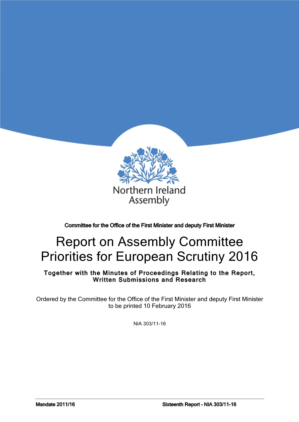 Report on Assembly Committee Priorities for European Scrutiny 2016