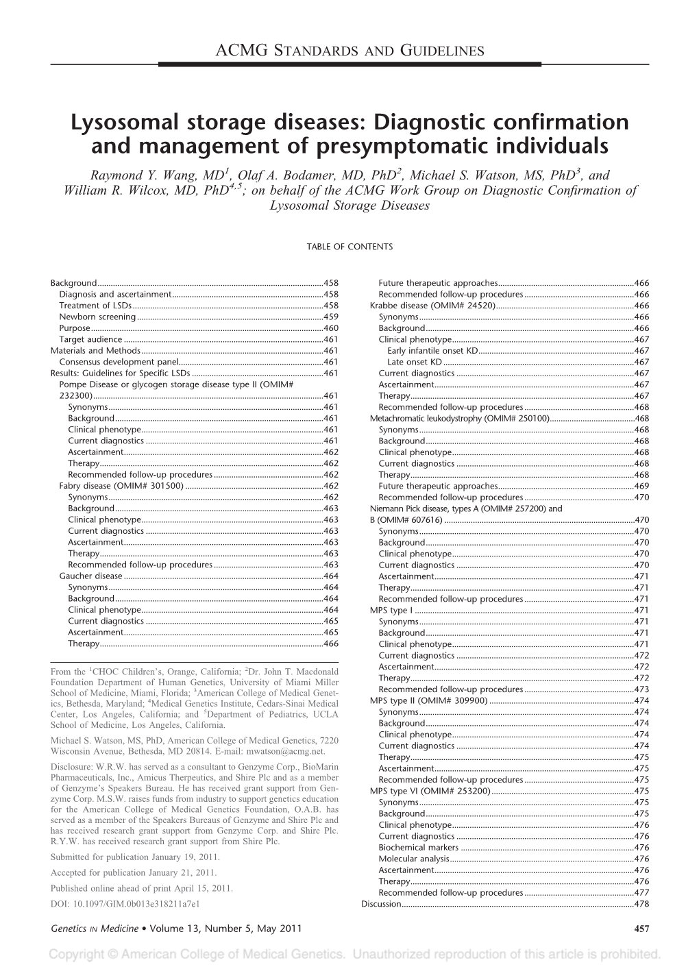 Lysosomal Storage Diseases: Diagnostic Confirmation and Management of Presymptomatic Individuals Raymond Y