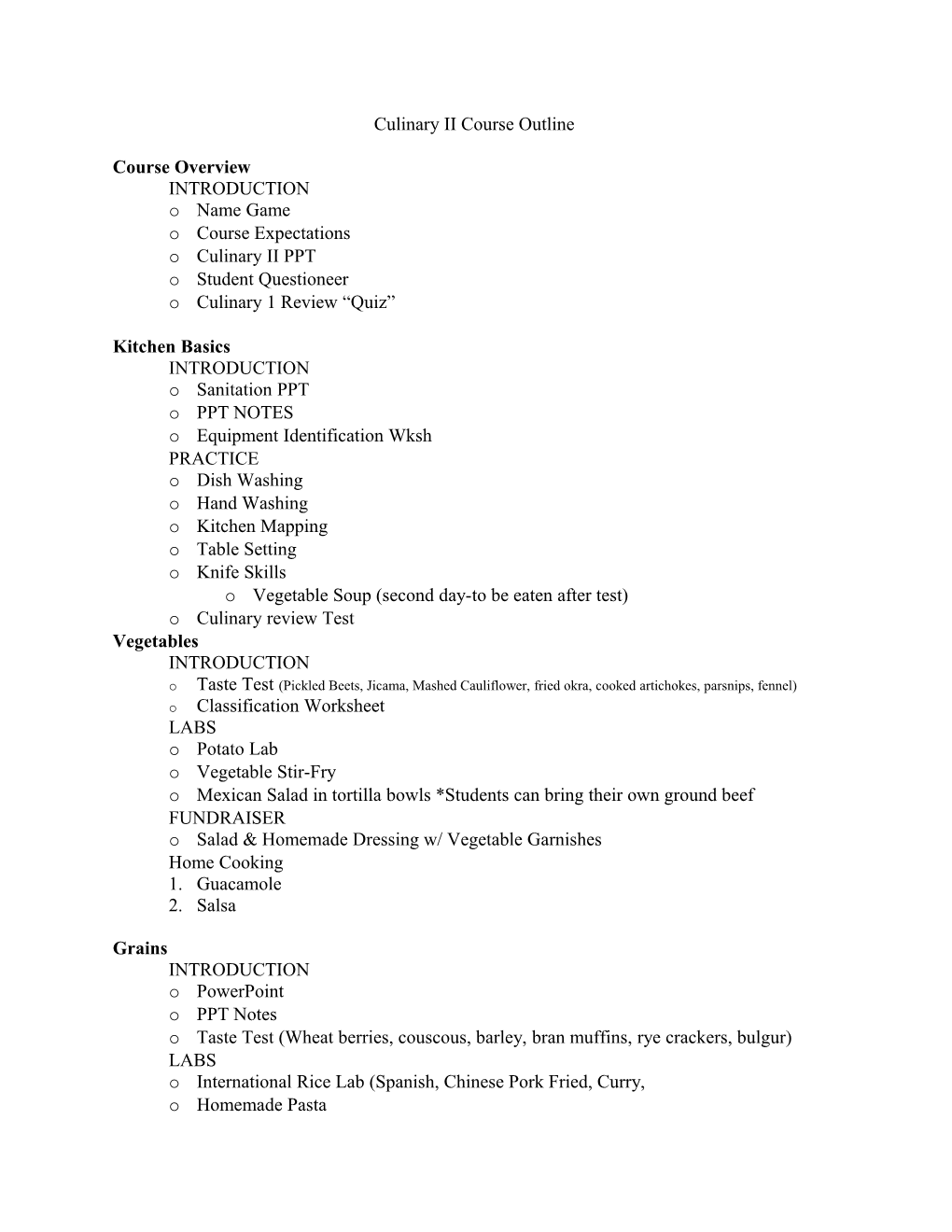 Culinary II Course Outline