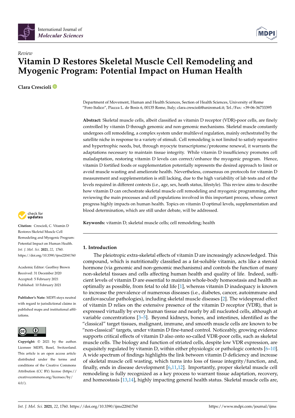 Vitamin D Restores Skeletal Muscle Cell Remodeling and Myogenic Program: Potential Impact on Human Health